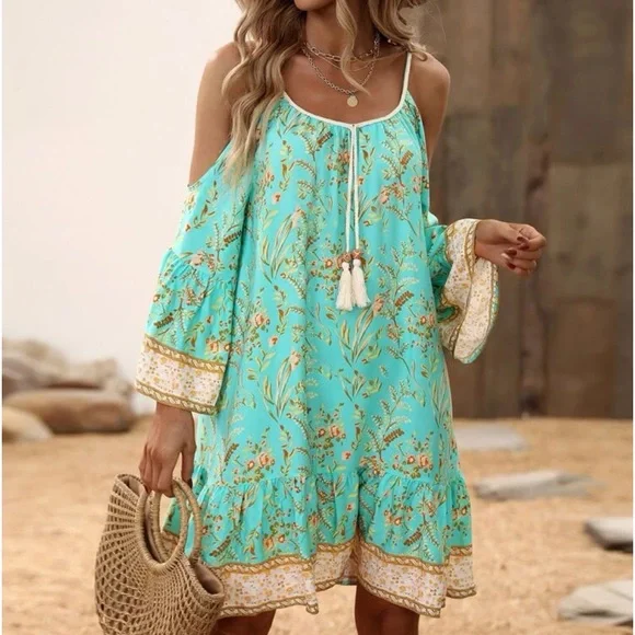 Boho Floral Print Cold Shoulder Flare Sleeve Tassel Tie Dress - Picture 6 of 16